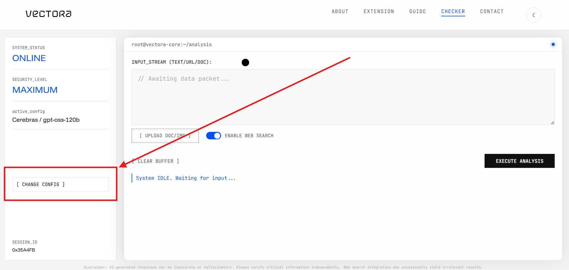 Sidebar showing CHANGE CONFIG button