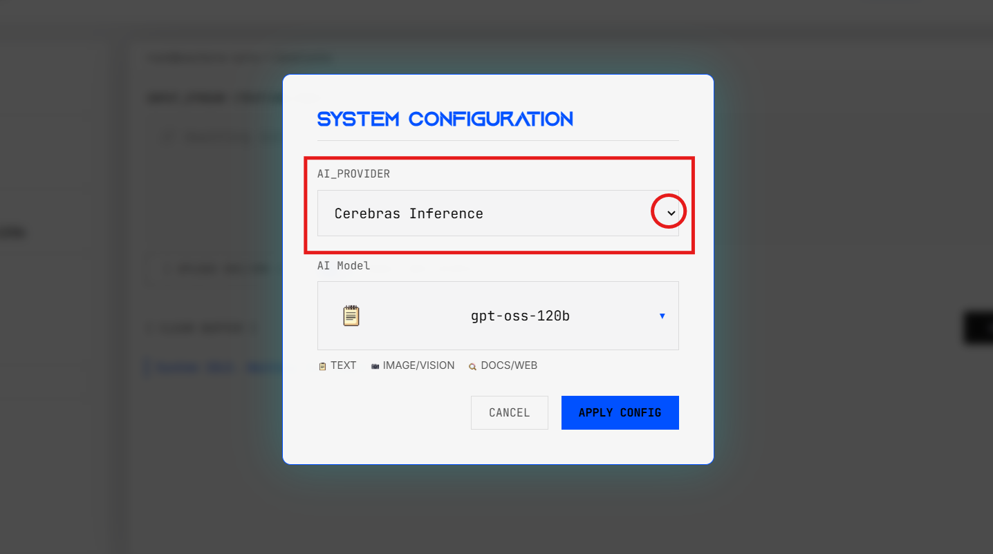 Settings modal showing provider dropdown